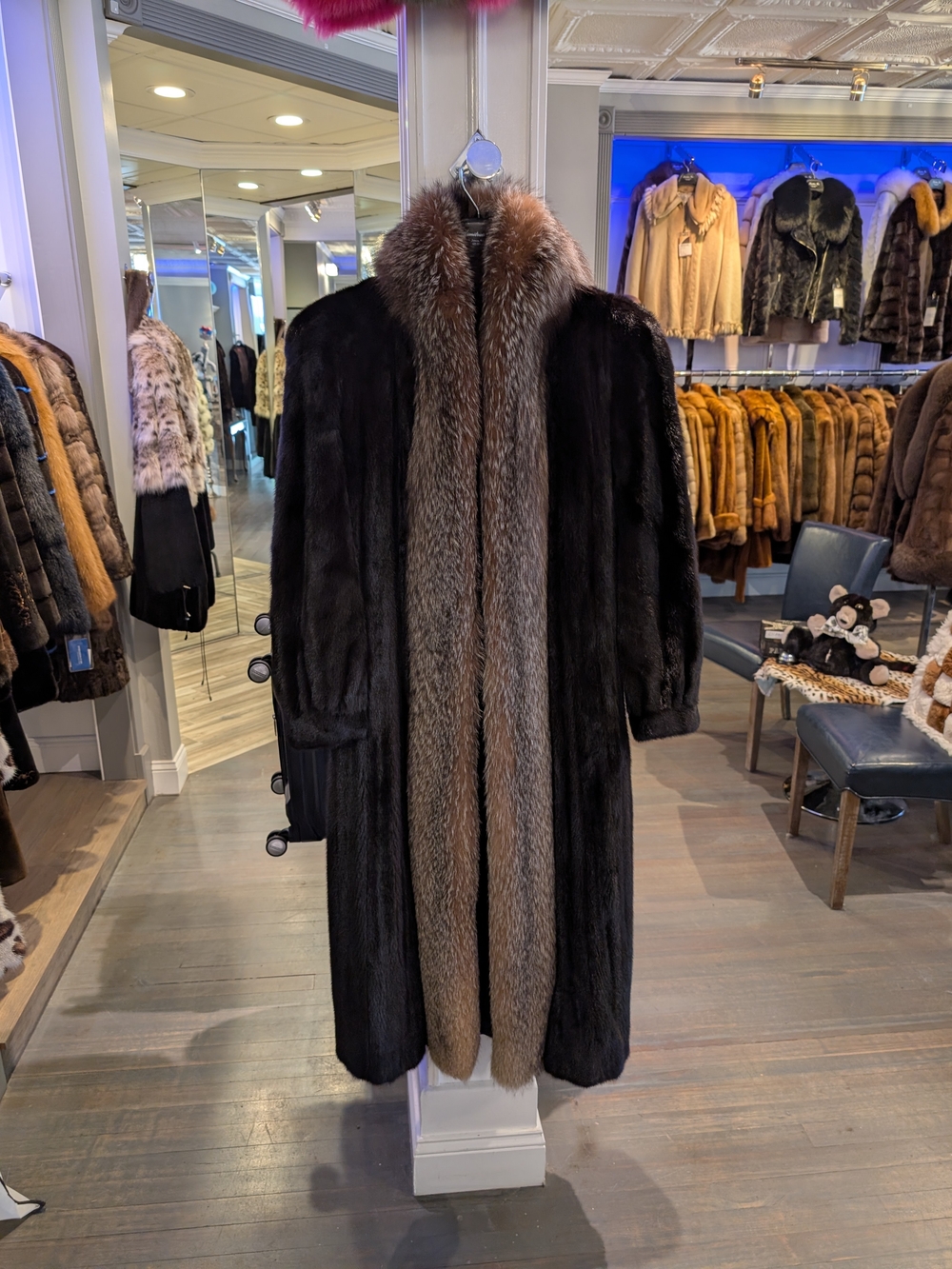 Fur-Trim Long Coat in Black & Brown Like New Mink Fox Trim